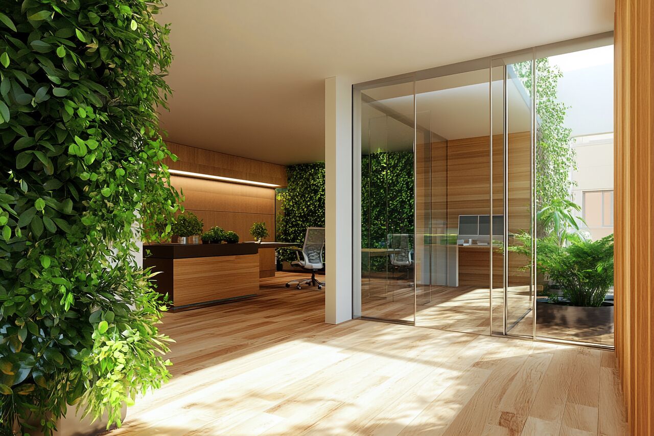 Ufficio contemporaneo con parete verde di piante, pavimento in legno e luce naturale